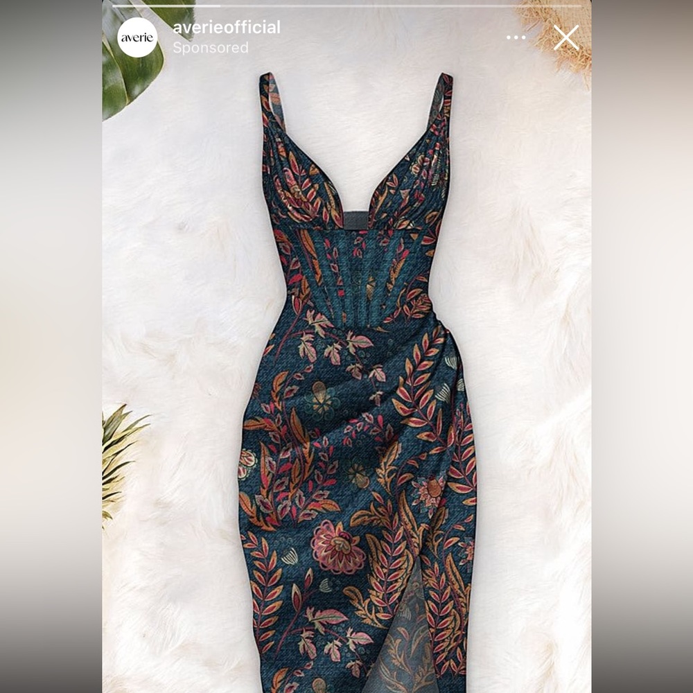 Paisley cocktail dress. Deep plunge.